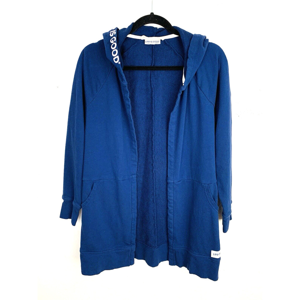 Life Is Good Beyond Hip French Terry Tunic Cardigan Sweater Size M Blue Long